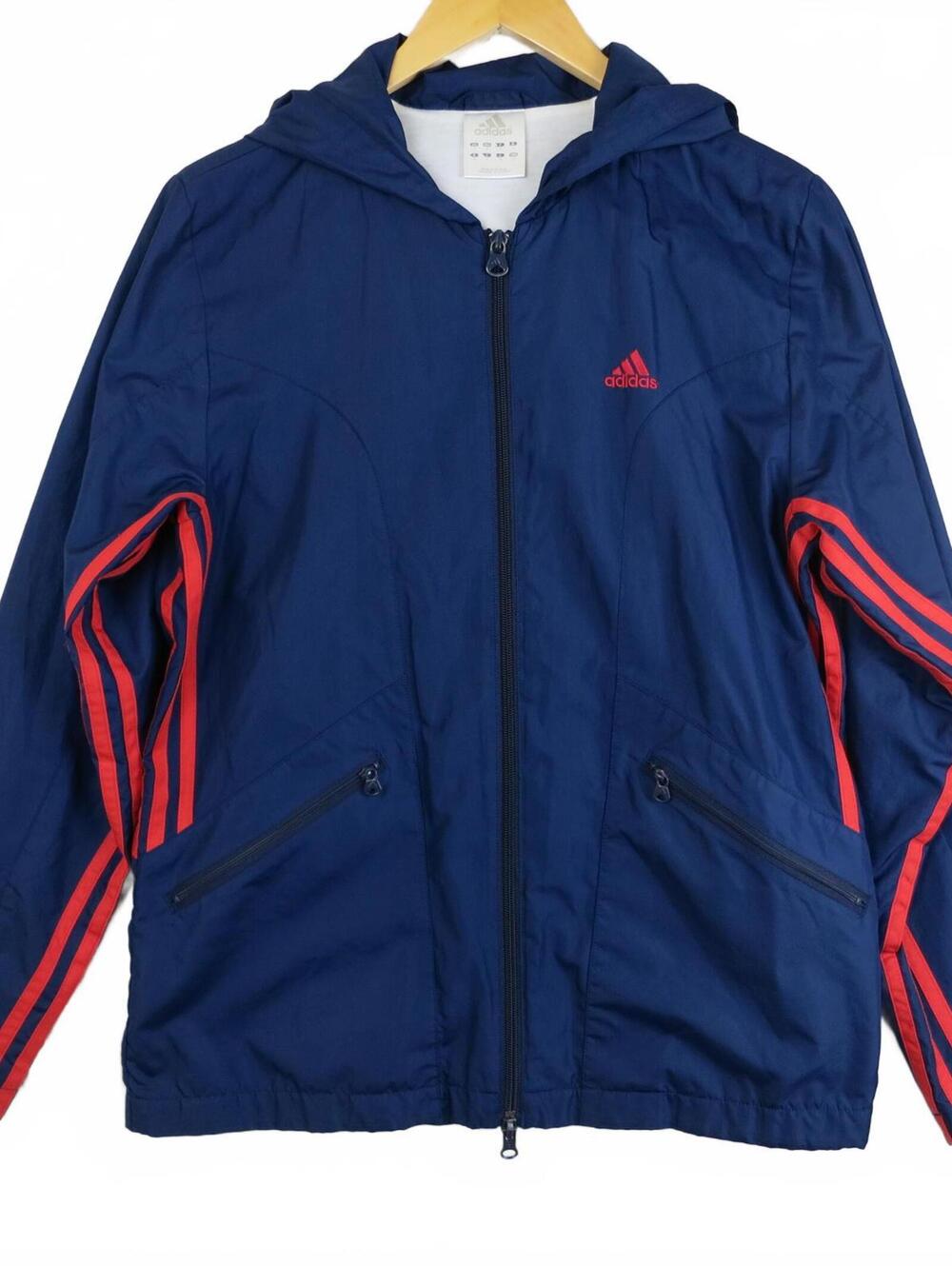 Adidas Navy Blue Hooded Windbreaker with Red Stripes Men's S
